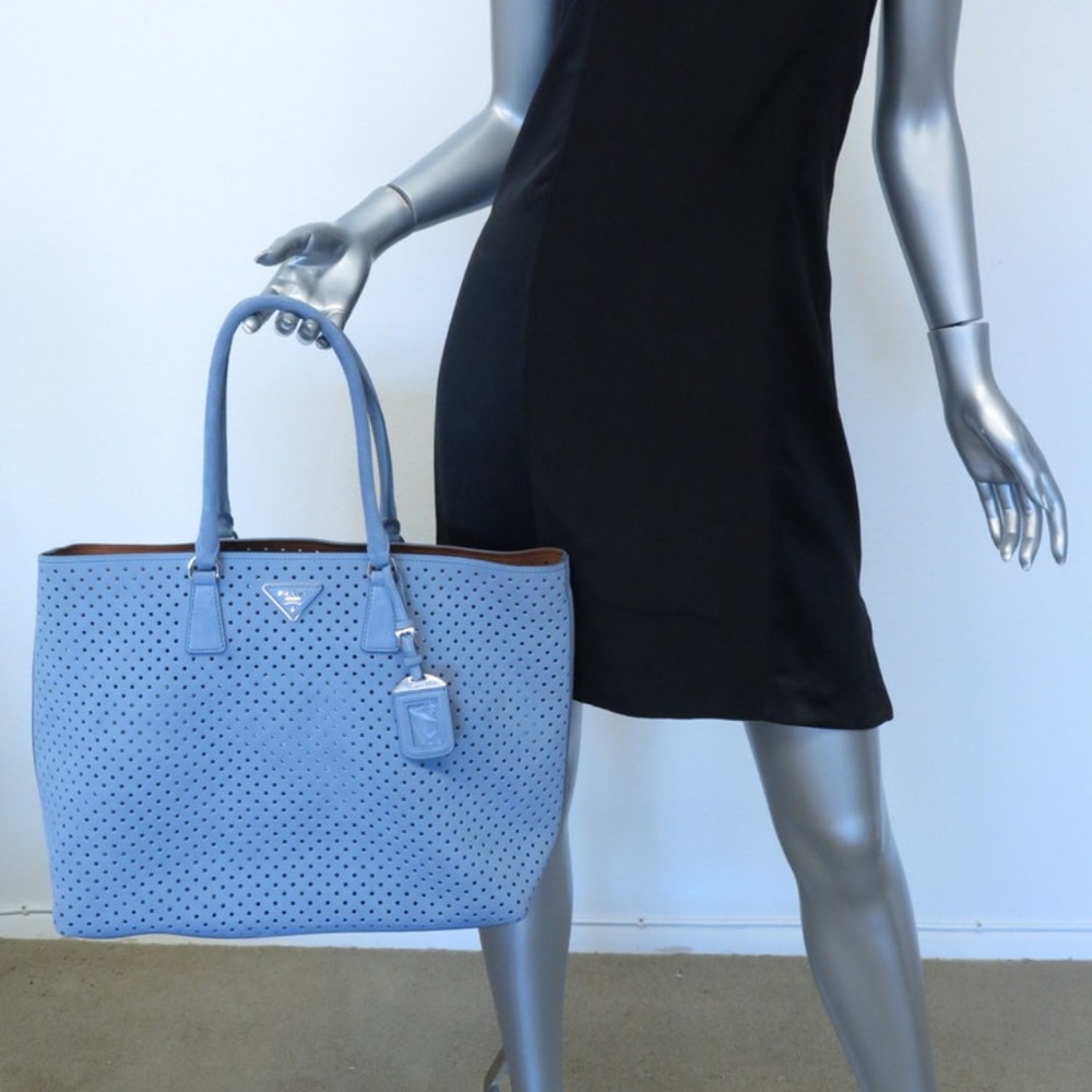 Prada Bag Perforated Suede Large Tote Astral Blue - Picture 1 of 8
